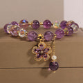 Purple Crystal Beaded Stretch Bracelet, Gold‑Tone Flower Charm with Pearl Tassel Women Fashion Wrist Jewelry