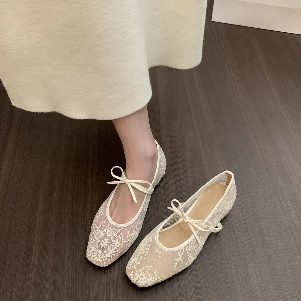 Lace Mesh Embroidered Bow Mary Jane Ballet Flats, Square Toe Strappy Flat Shoes, Elegant Breathable Slip‑On Dress Shoes for Women