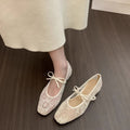 Lace Mesh Embroidered Bow Mary Jane Ballet Flats, Square Toe Strappy Flat Shoes, Elegant Breathable Slip‑On Dress Shoes for Women