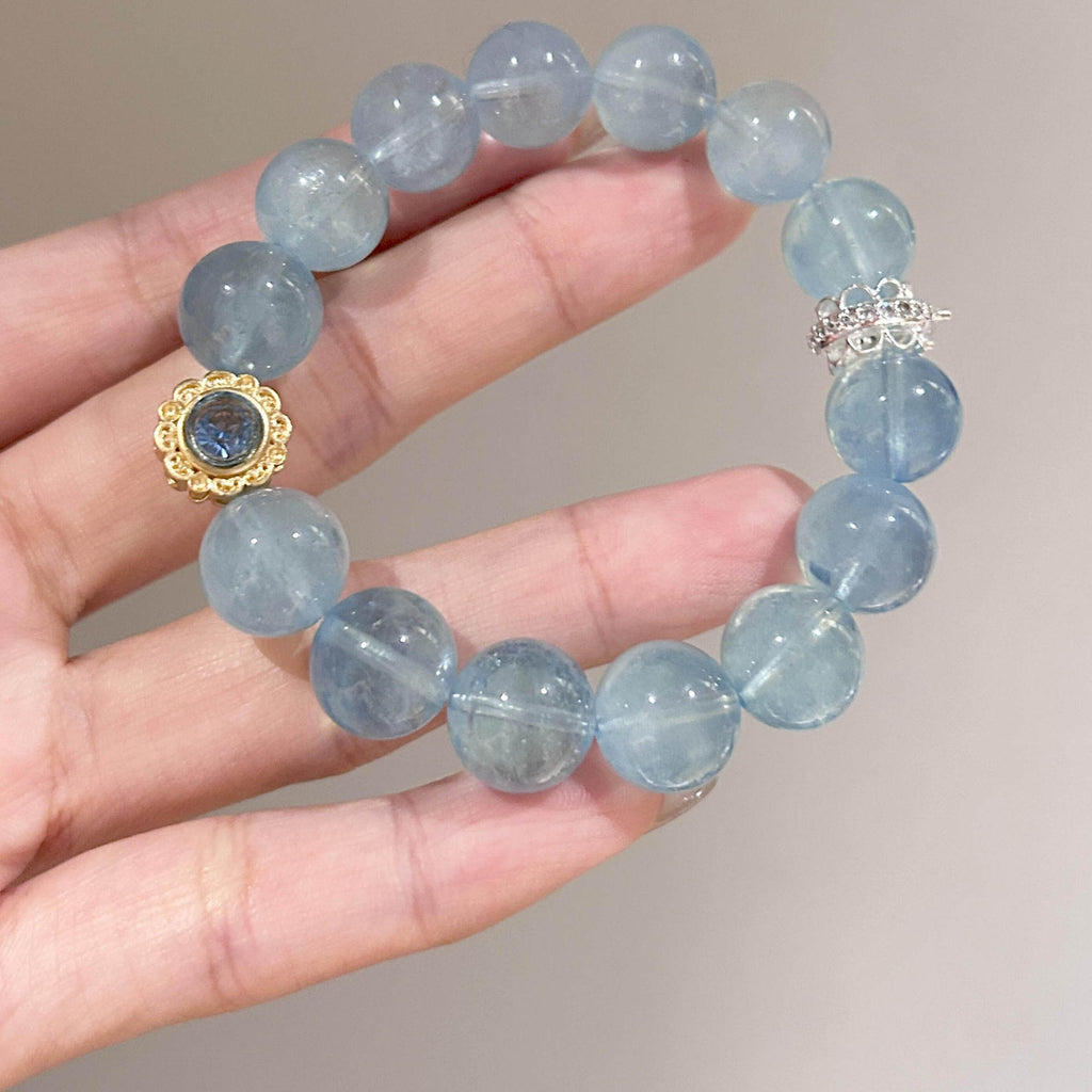 Transparent Light Blue Round Bead Stretch Bracelet, Gold Inlay Bead & Silver Ornament Beaded Bracelet for Women