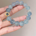 Transparent Light Blue Round Bead Stretch Bracelet, Gold Inlay Bead & Silver Ornament Beaded Bracelet for Women