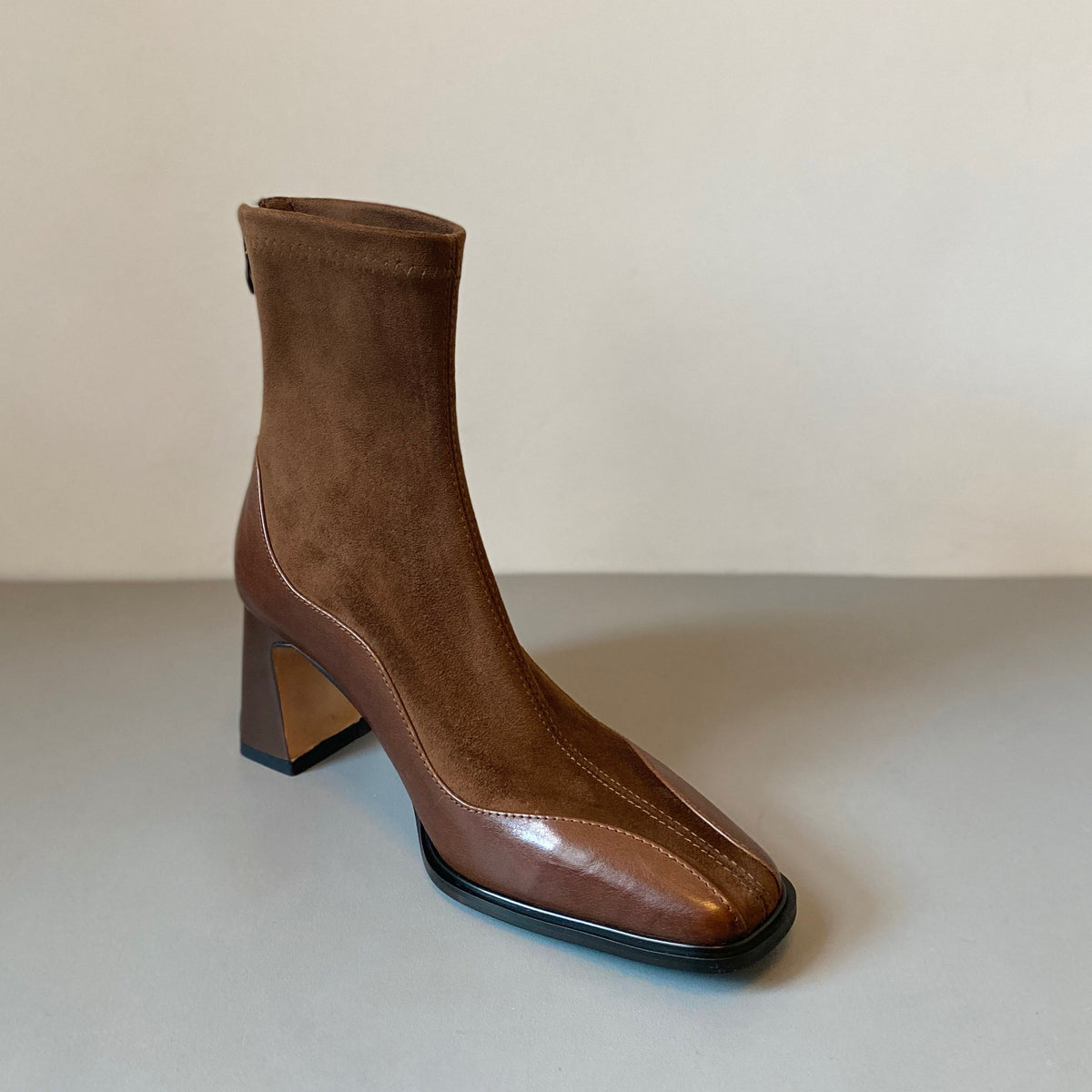 Women's Square Toe Patent Leather Spliced Ankle Boots, Stretch Sock Booties, Chunky Block Heel Back Zip Short Boots, Black Brown Elegant Fall Winter Boots