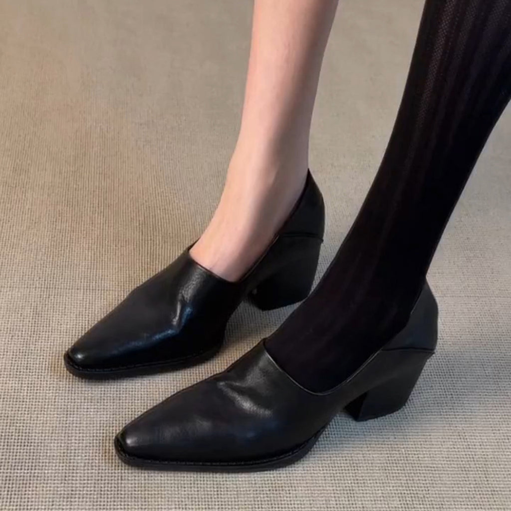 Women's Distressed Faux Leather Pointed Toe Block Heel Pumps, V-Cut Slip On Vintage Chunky Heel Dress Shoes, Black Dark Brown Retro Office Daily Pumps