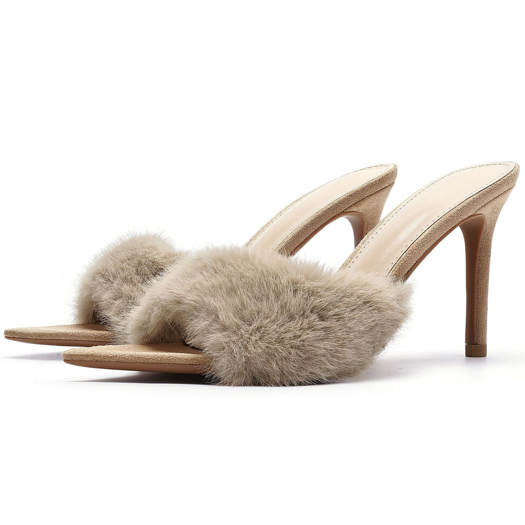 Women's Pointed Toe Faux Fur Stiletto Heel Mule Sandals, Fluffy One Band Slip On High Heel Dress Shoes, Nude Black Leopard Print Party Heels for Ladies