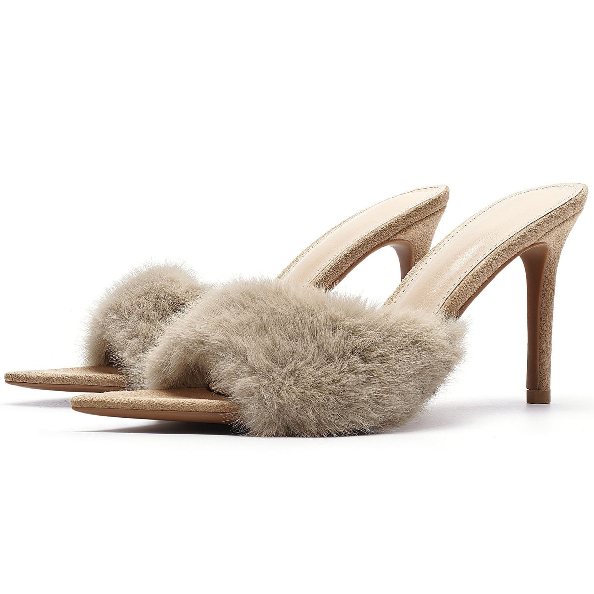 Women's Pointed Toe Faux Fur Stiletto Heel Mule Sandals, Fluffy One Band Slip On High Heel Dress Shoes, Nude Black Leopard Print Party Heels for Ladies