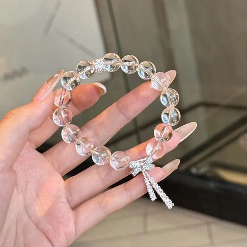 Clear Round Bead Stretch Bracelet, Rhinestone Bow Tassel Charm Minimalist Wrist Jewelry
