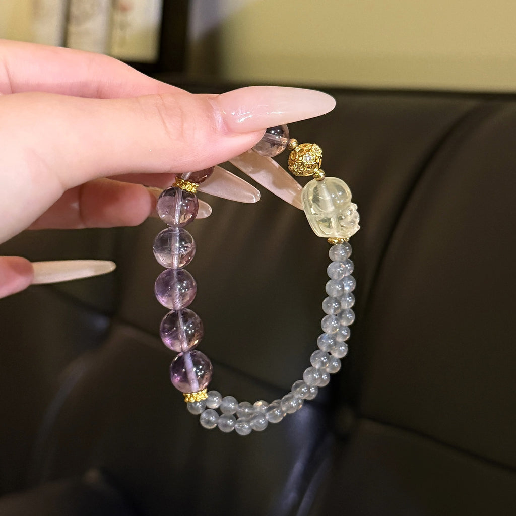 Two‑Strand Purple & Grey Beaded Stretch Bracelet With Carved Ornament & Gold‑Tone Metal Spacers For Women
