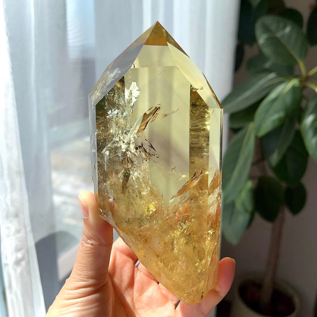 Golden Yellow Crystal Tower Point Ornament, Rutile Inclusion Polished Hexagonal Prism Decor