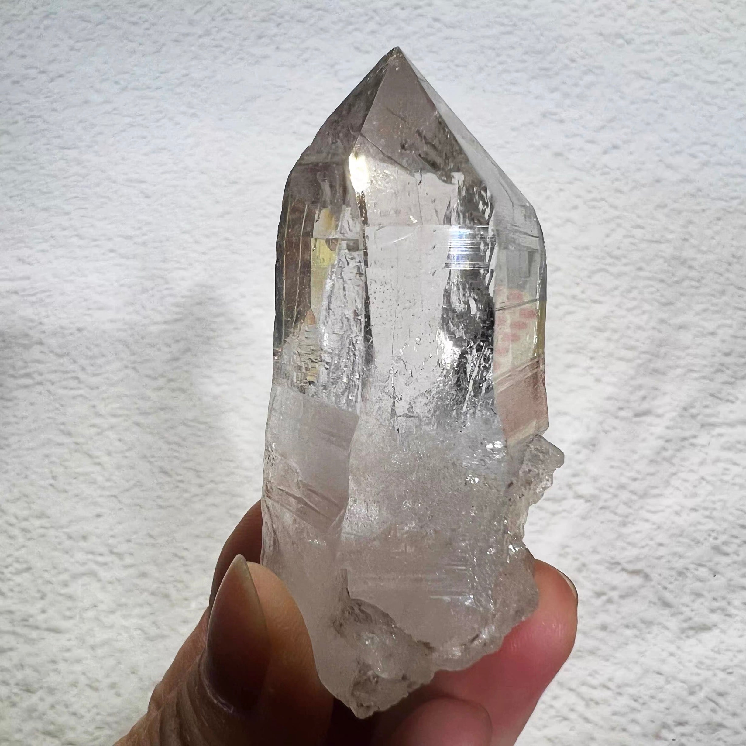 Raw Clear Crystal Point Specimen with Complete Sharp Tip, Linear Surface Texture Unpolished Crystal Tower Tabletop Decor Ornament