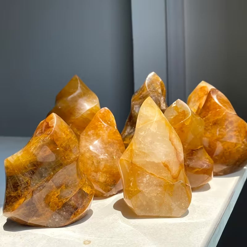 Golden Yellow Quartz Flame Tower, Polished Freeform Crystal Ornament for Table Display & Collection