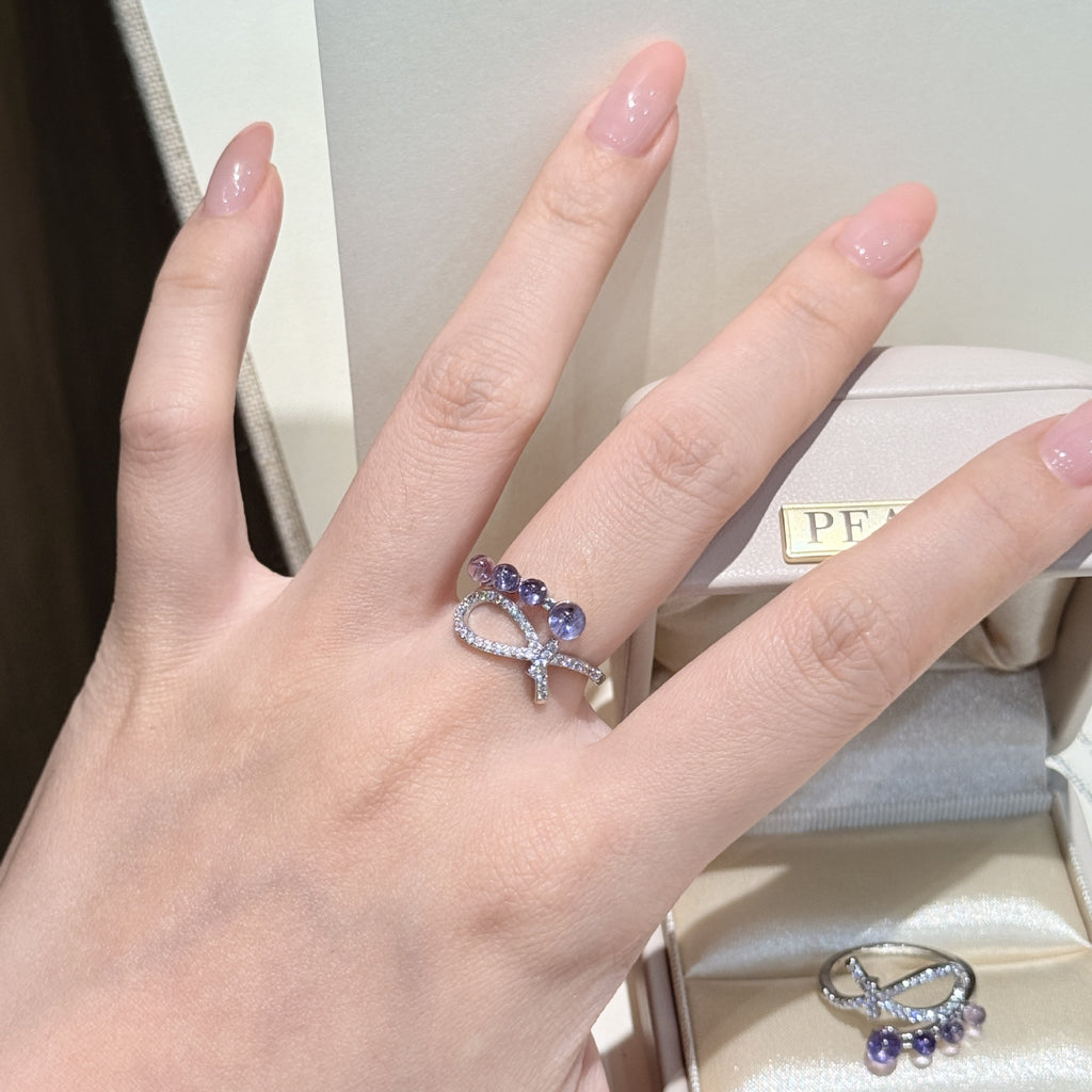 Silver Tone Pave CZ Bow Ring With Gradient Purple Crystal Beads Women Fashion Statement Open Ring Jewelry