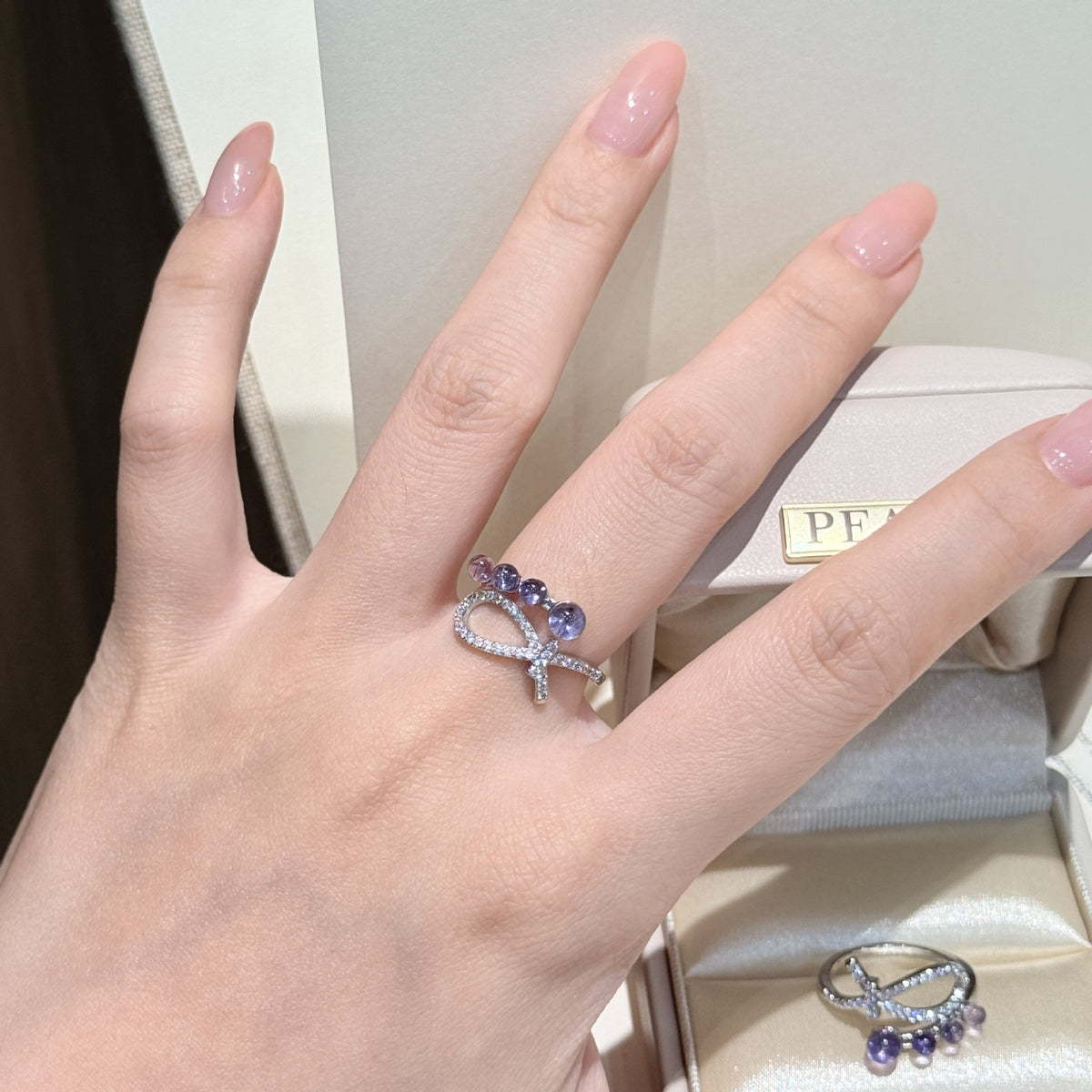 Silver Tone Pave CZ Bow Ring With Gradient Purple Crystal Beads Women Fashion Statement Open Ring Jewelry