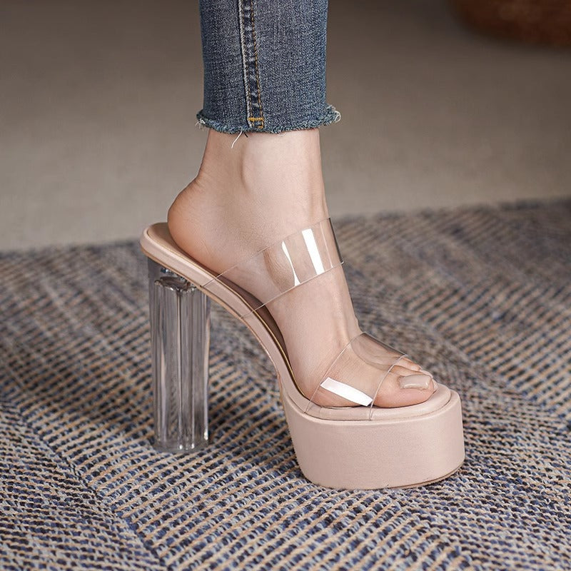 Women's Clear PVC Double‑Strap Platform Mule Sandals, Transparent Acrylic Chunky Block Heel Slides, Nude Square Toe High Heel Party Dress Shoes