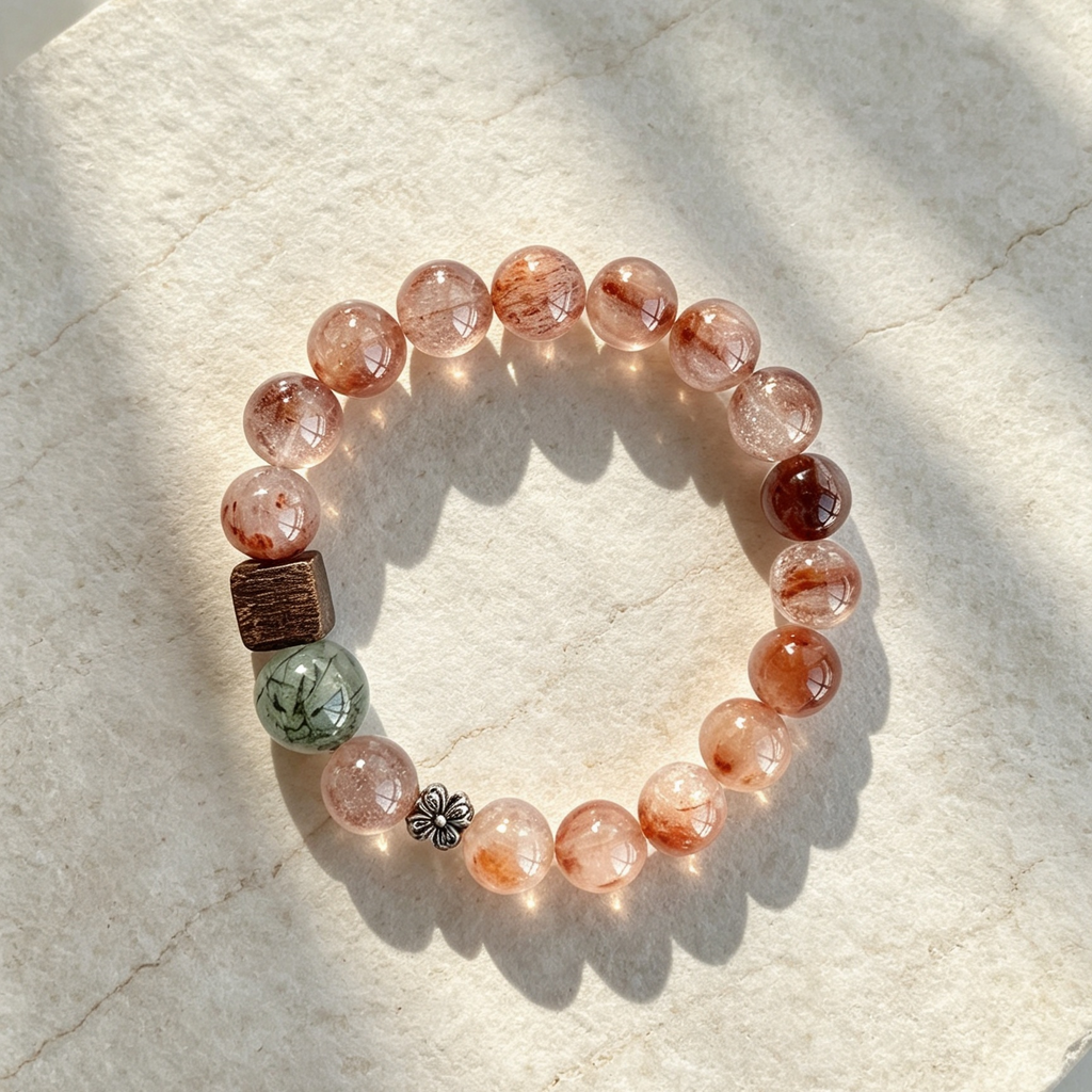 Gradient Orange Rutilated Quartz Beaded Bracelet, Warm Tone Minimal Stackable Bracelet