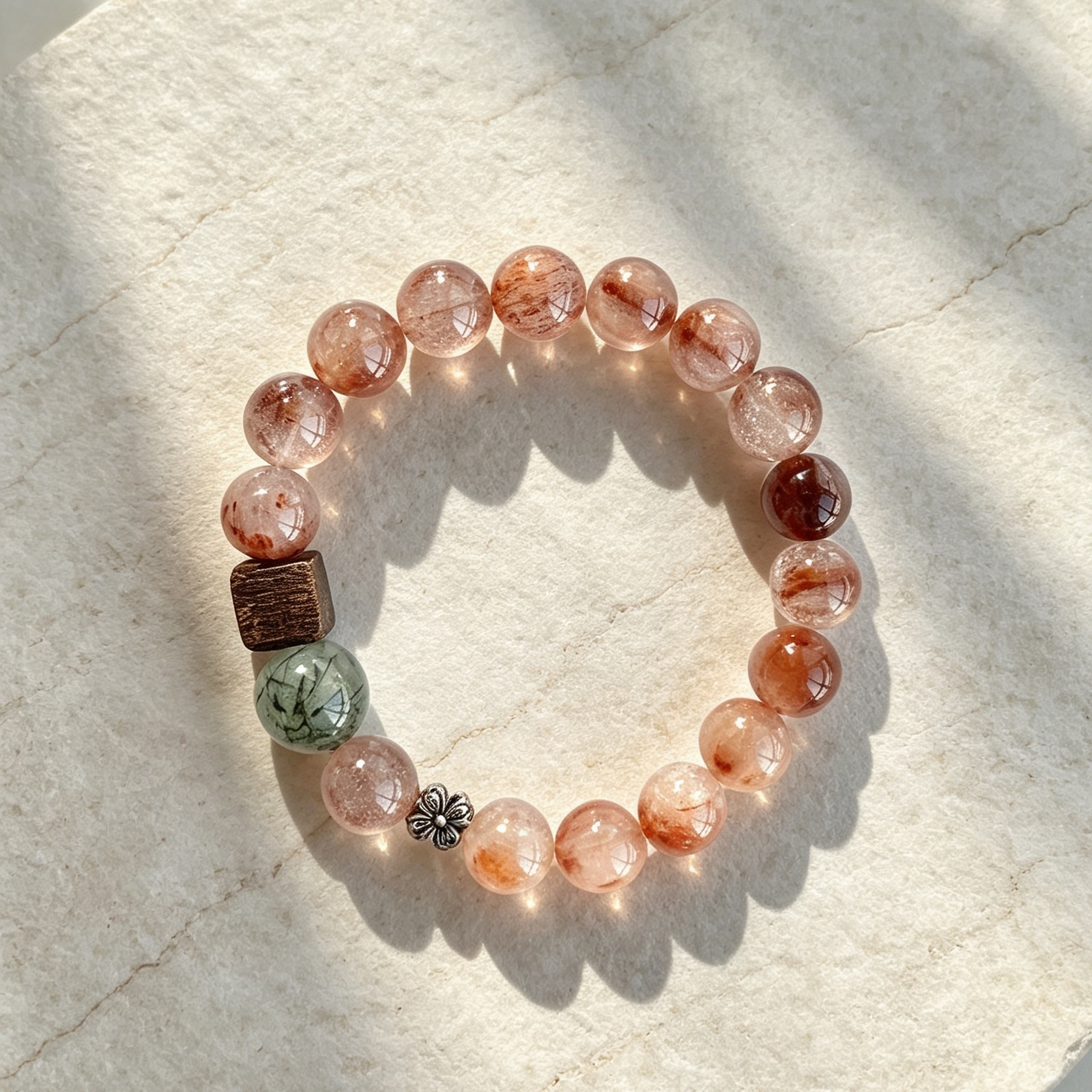 Gradient Orange Rutilated Quartz Beaded Bracelet, Warm Tone Minimal Stackable Bracelet