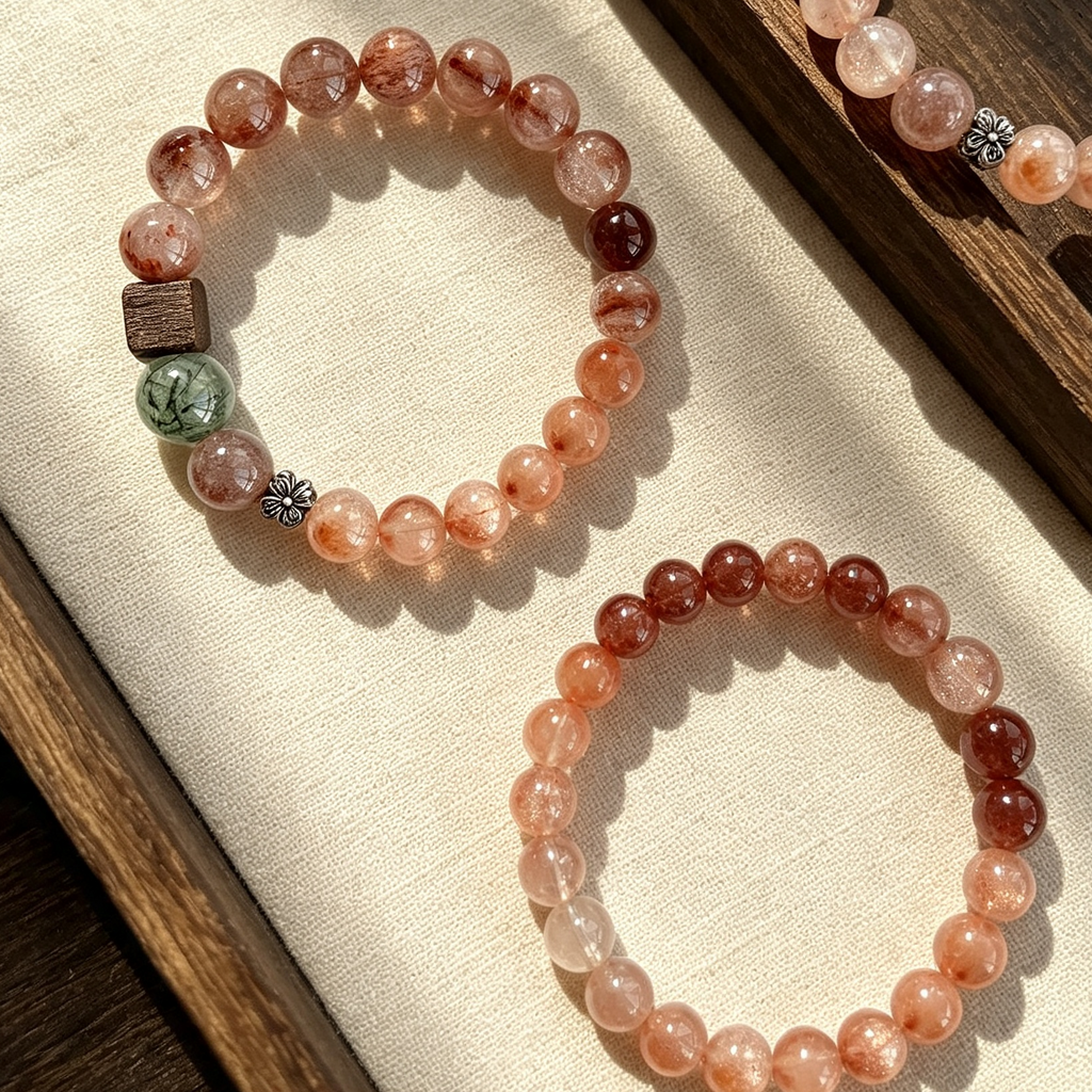 Gradient Orange Rutilated Quartz Beaded Bracelet, Warm Tone Minimal Stackable Bracelet
