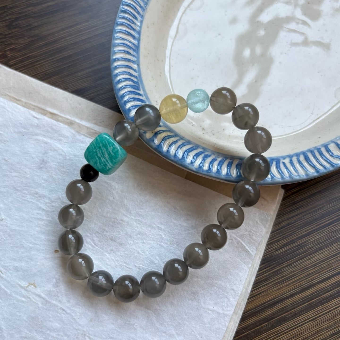 Smoky Grey Round Bead Bracelet With Blue & Yellow Accent Beads, Cool Tone Minimal Daily Bracelet