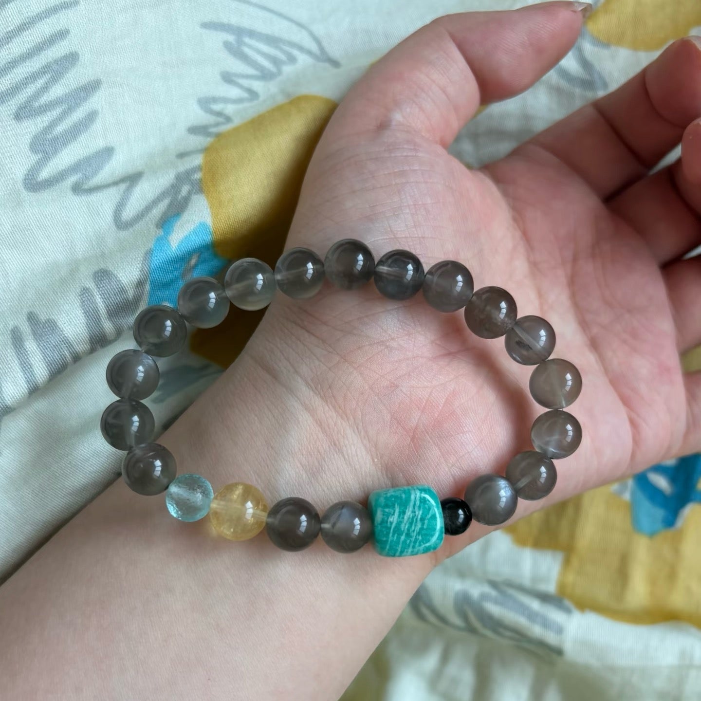 Smoky Grey Round Bead Bracelet With Blue & Yellow Accent Beads, Cool Tone Minimal Daily Bracelet