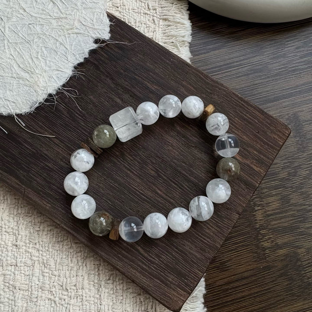White Mist Round Bead Bracelet With Wooden Spacers & Clear Square Accent Bead, Neutral Oriental Minimal Bracelet