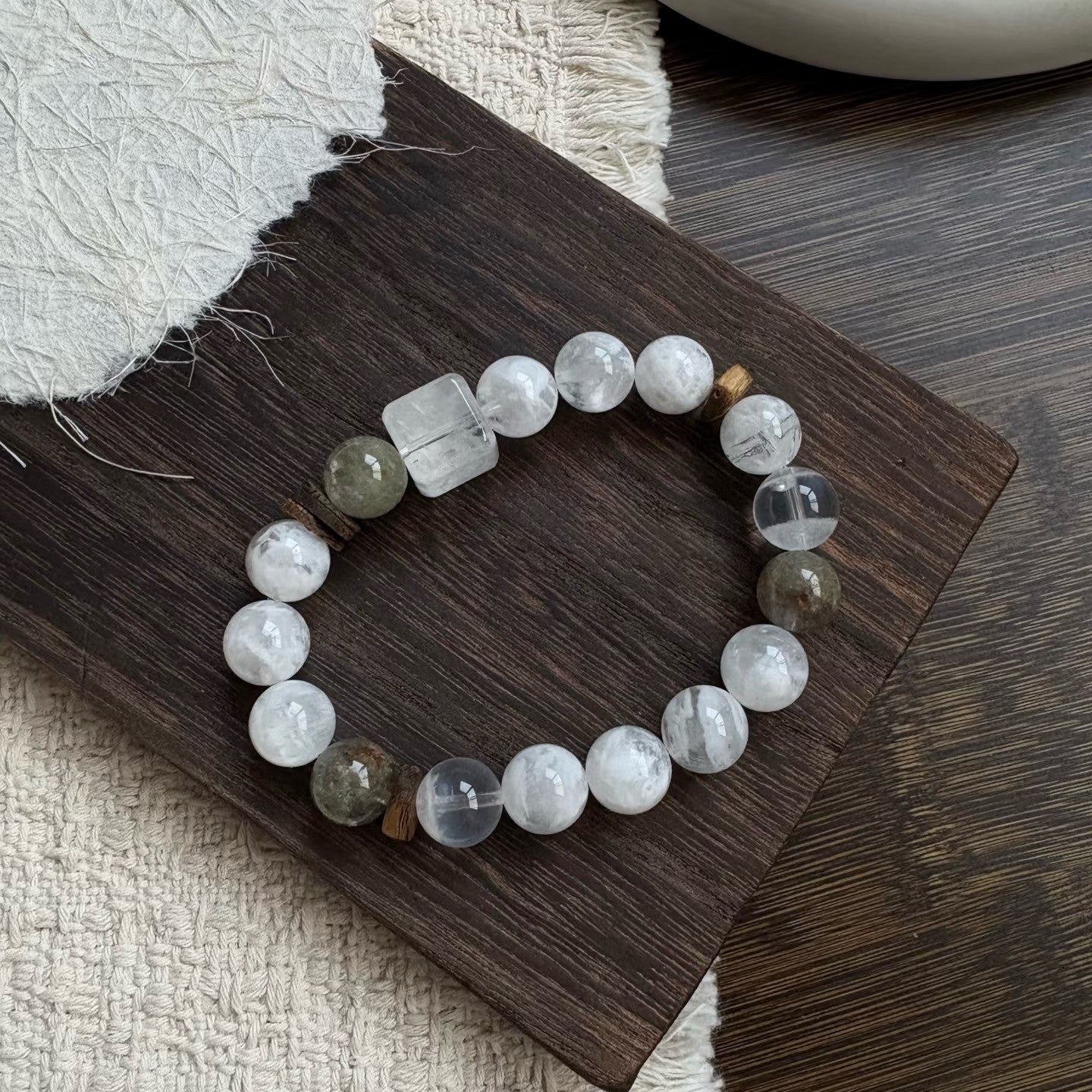 White Mist Round Bead Bracelet With Wooden Spacers & Clear Square Accent Bead, Neutral Oriental Minimal Bracelet