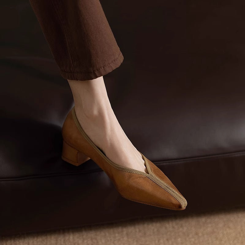 Brown Pointed Toe V-Cut Low Block Heel Pumps, Casual Synthetic Leather Slip-On Dress Shoes, Elegant Low Heel Office Daily Pumps for Women