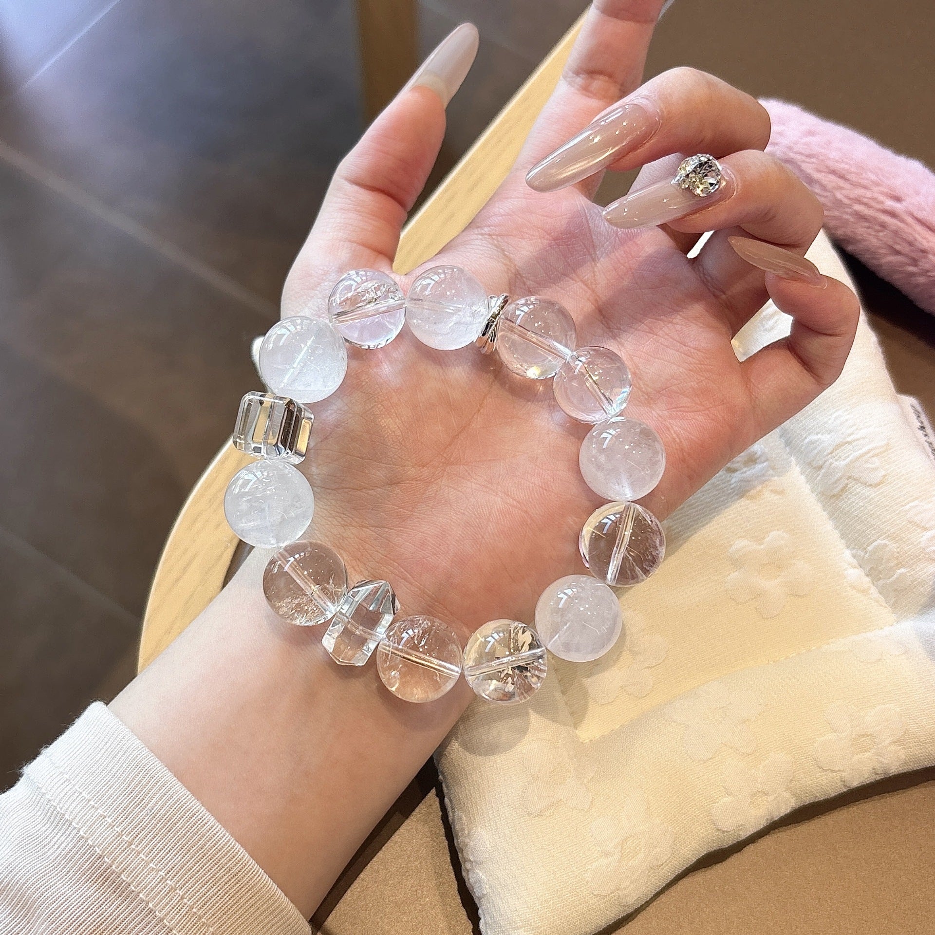Clear Transparent Crystal Bead Stretch Bracelet, Mixed Shape Polished Wrist Ornament