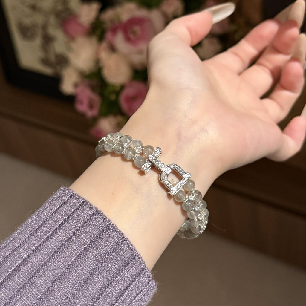 Double‑Strand Grey Translucent Beaded Bracelet, Rhinestone Buckle Metal Clasp Bracelet for Women