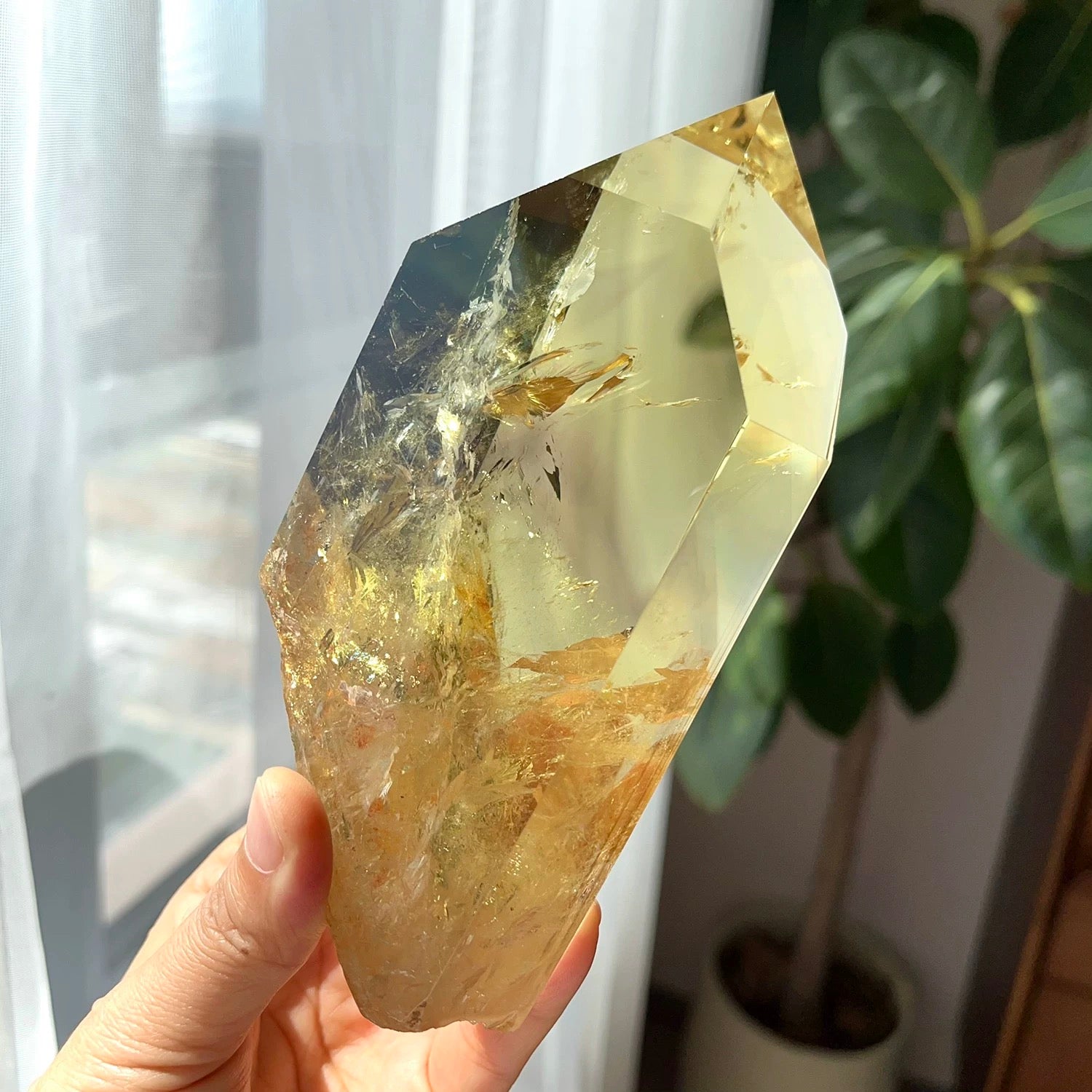 Golden Yellow Crystal Tower Point Ornament, Rutile Inclusion Polished Hexagonal Prism Decor