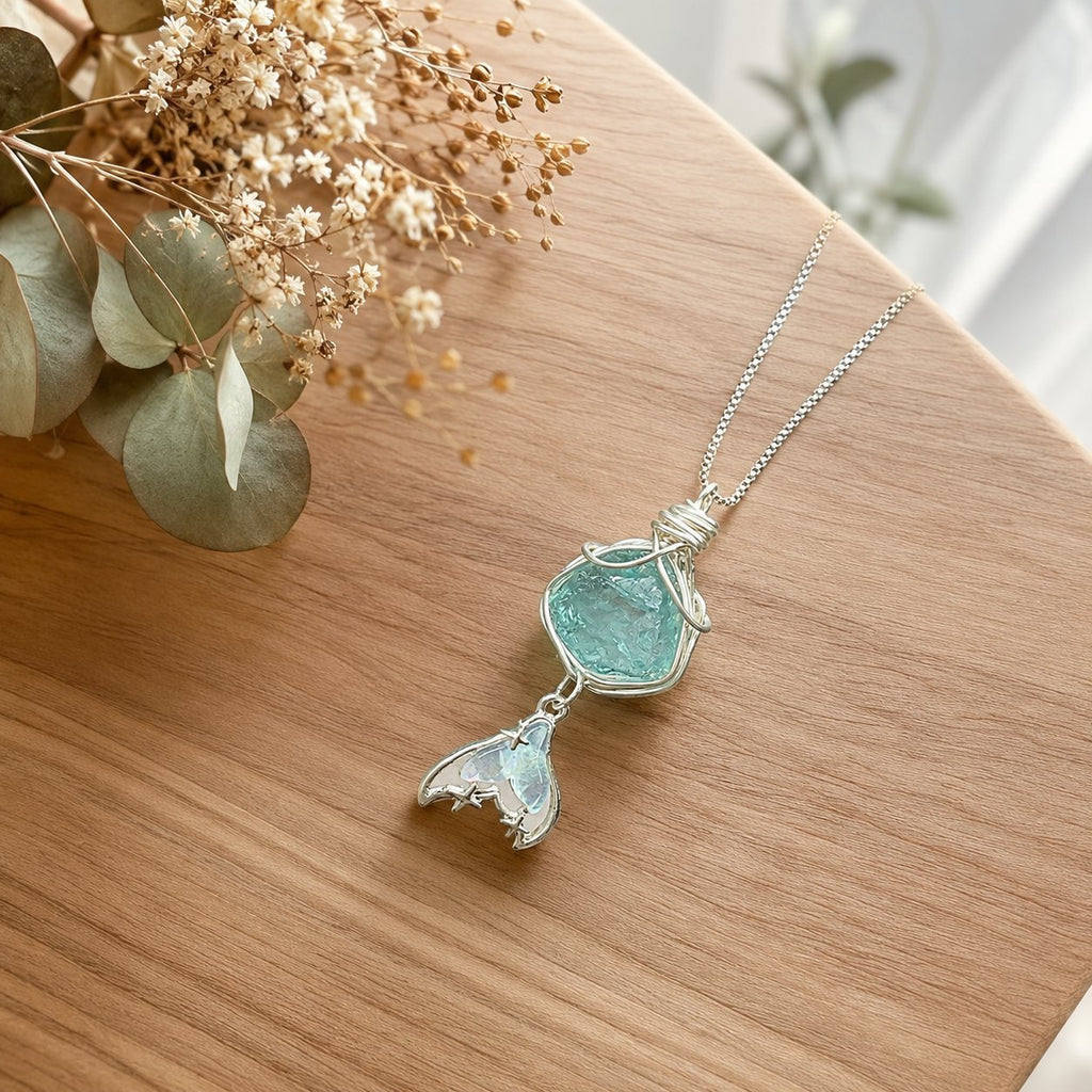 Hand Wire Wrapped Aqua Blue Stone Pendant Necklace, Mermaid Tail Charm Ocean Theme Silver Chain Necklace