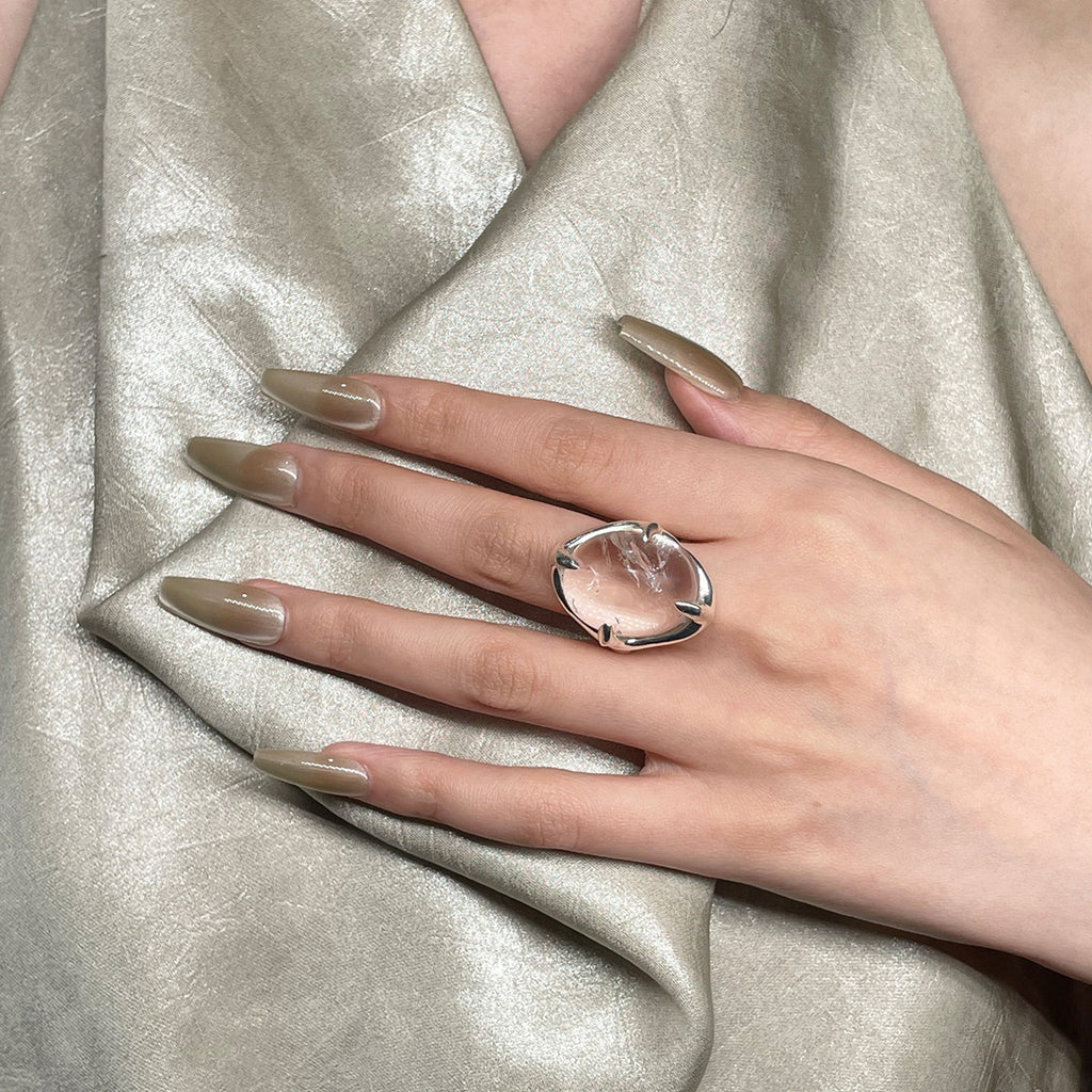 Irregular Oval Claw Set Stone Statement Ring, Silver Tone Open Band Chunky Crystal Ring for Women