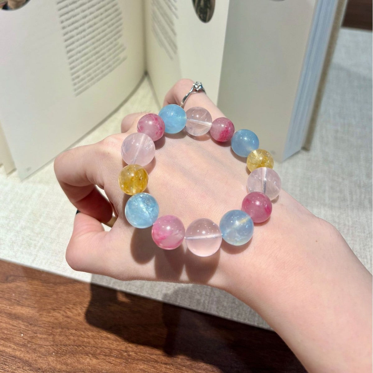 Multicolor Pastel Round Bead Stretch Bracelet Pink Blue Yellow Clear Mixed Beaded Bracelet For Women