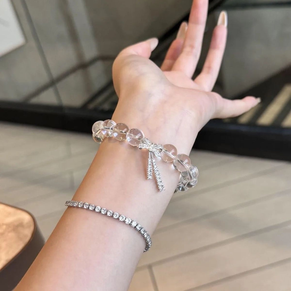 Clear Round Bead Stretch Bracelet, Rhinestone Bow Tassel Charm Minimalist Wrist Jewelry