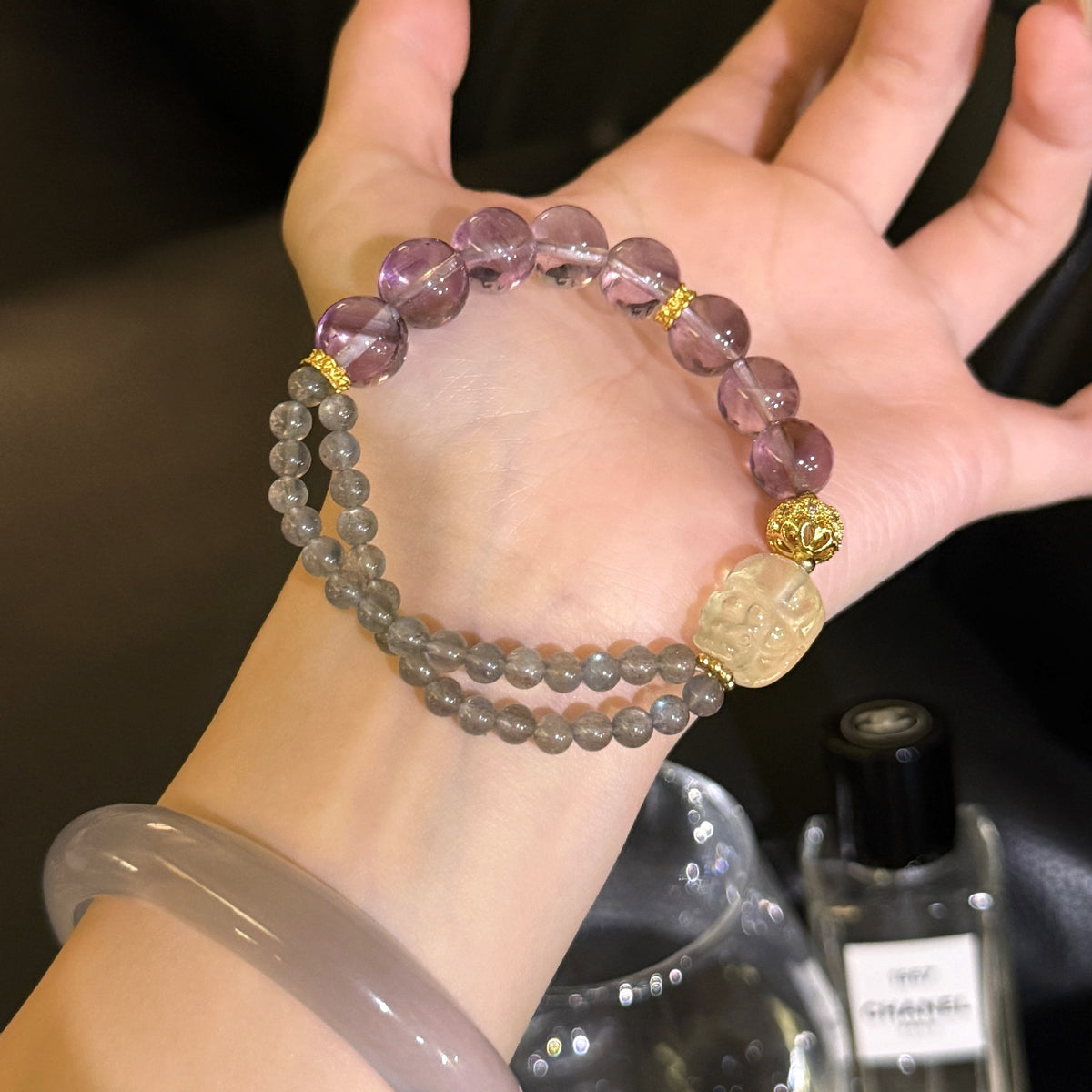 Two‑Strand Purple & Grey Beaded Stretch Bracelet With Carved Ornament & Gold‑Tone Metal Spacers For Women