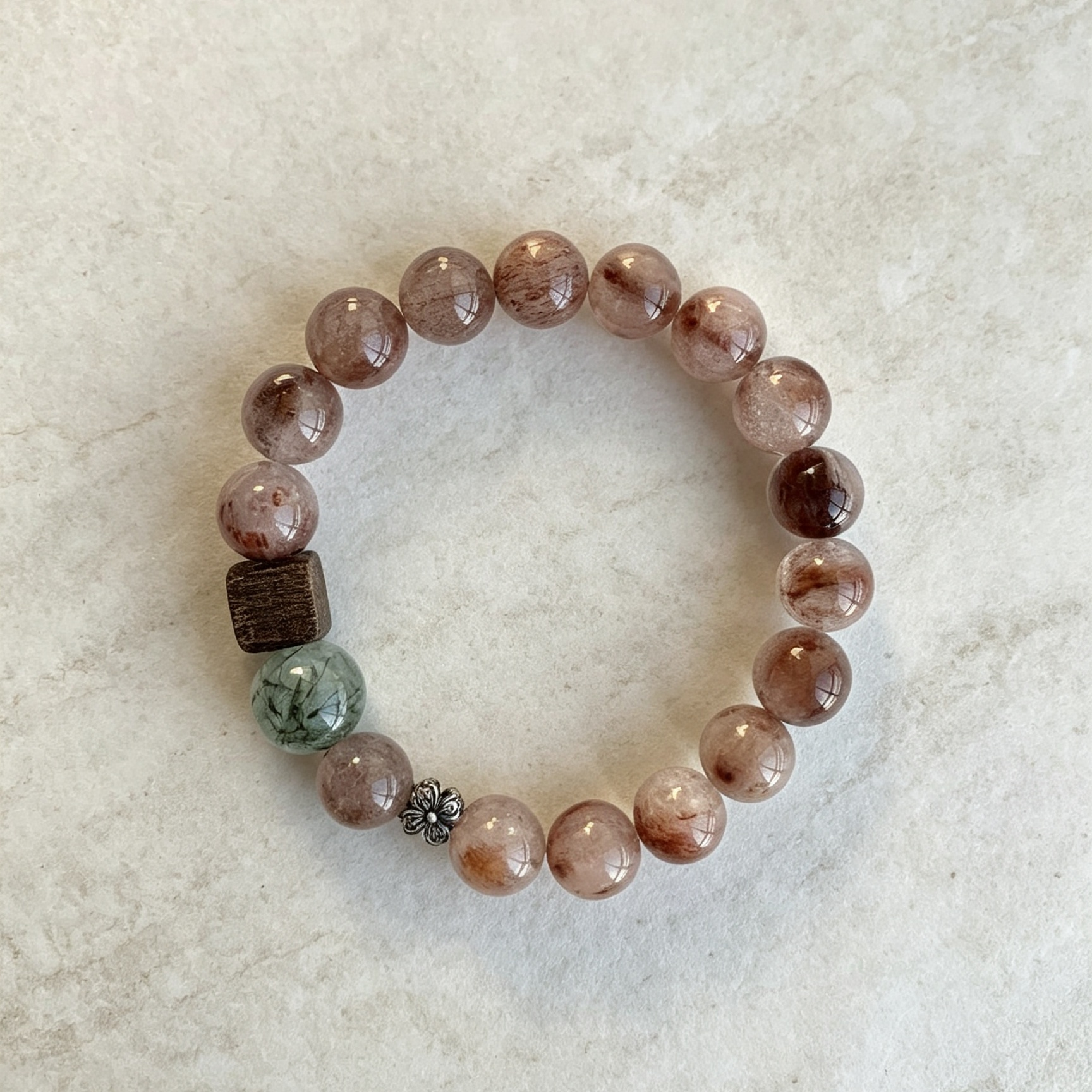 Red Rutilated Quartz Bracelet with Green Rutilated & Agarwood, Minimal Chinese Style Crystal Bracelet