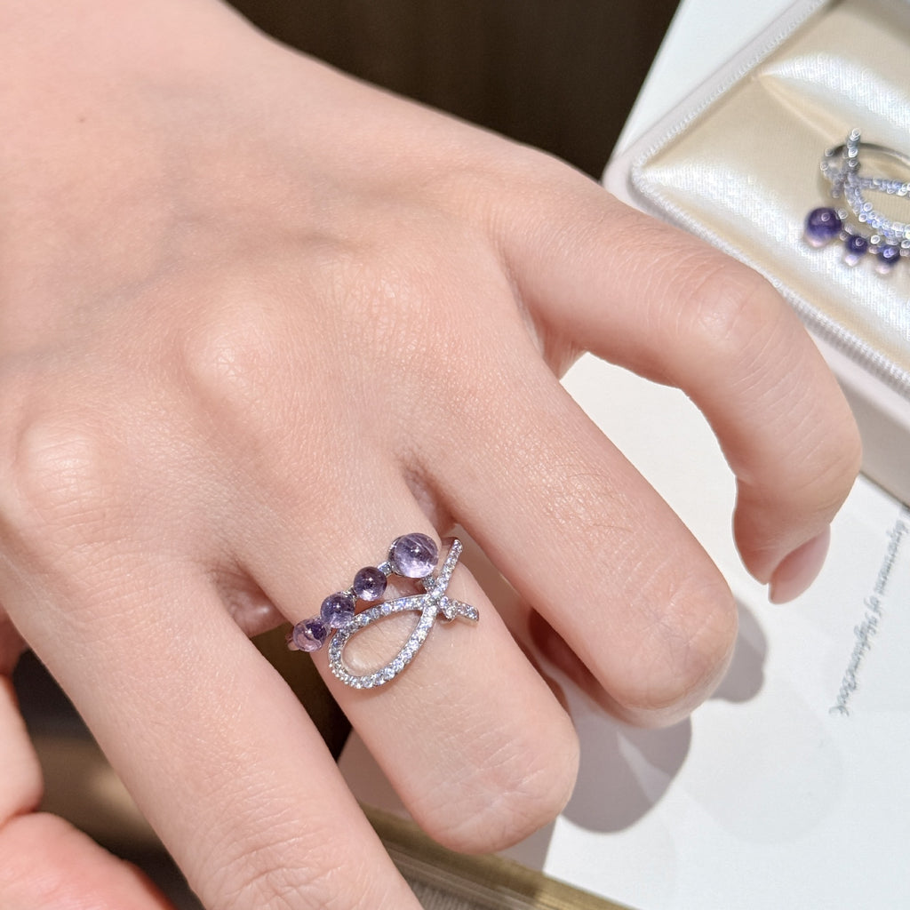 Silver Tone Pave CZ Bow Ring With Gradient Purple Crystal Beads Women Fashion Statement Open Ring Jewelry