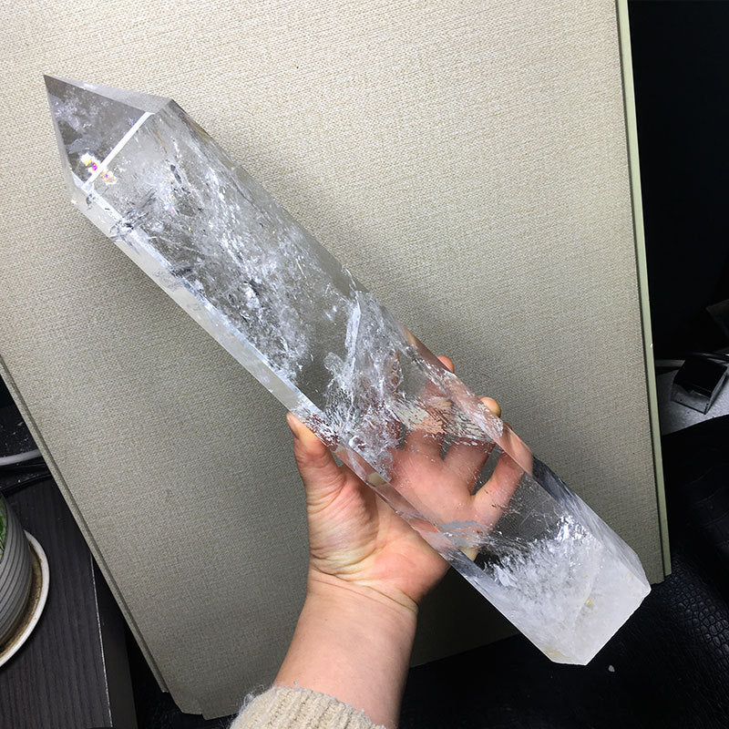 Large Clear Quartz Obelisk Tower, Polished Crystal Point Wand, Home Decor Crystal Tower Specimen