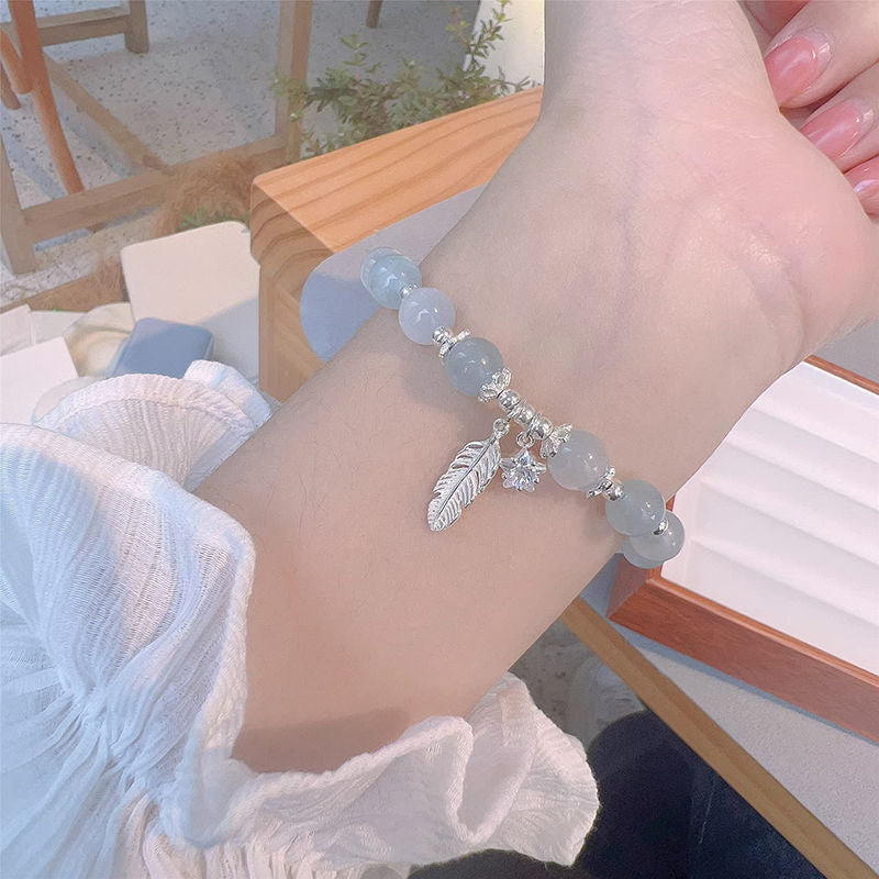 Light Blue Cat Eye Bead Stretch Bracelet, Silver Feather & Star Charm Dainty Beaded Bracelet for Women