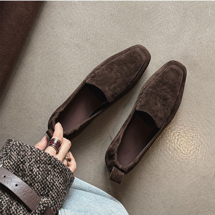Women's Square Toe Soft Loafers, Back Elastic Slip‑On Flat Shoes, Faux Suede & Leather Casual Vintage Loafer Flats, Black Brown Daily Office Shoes