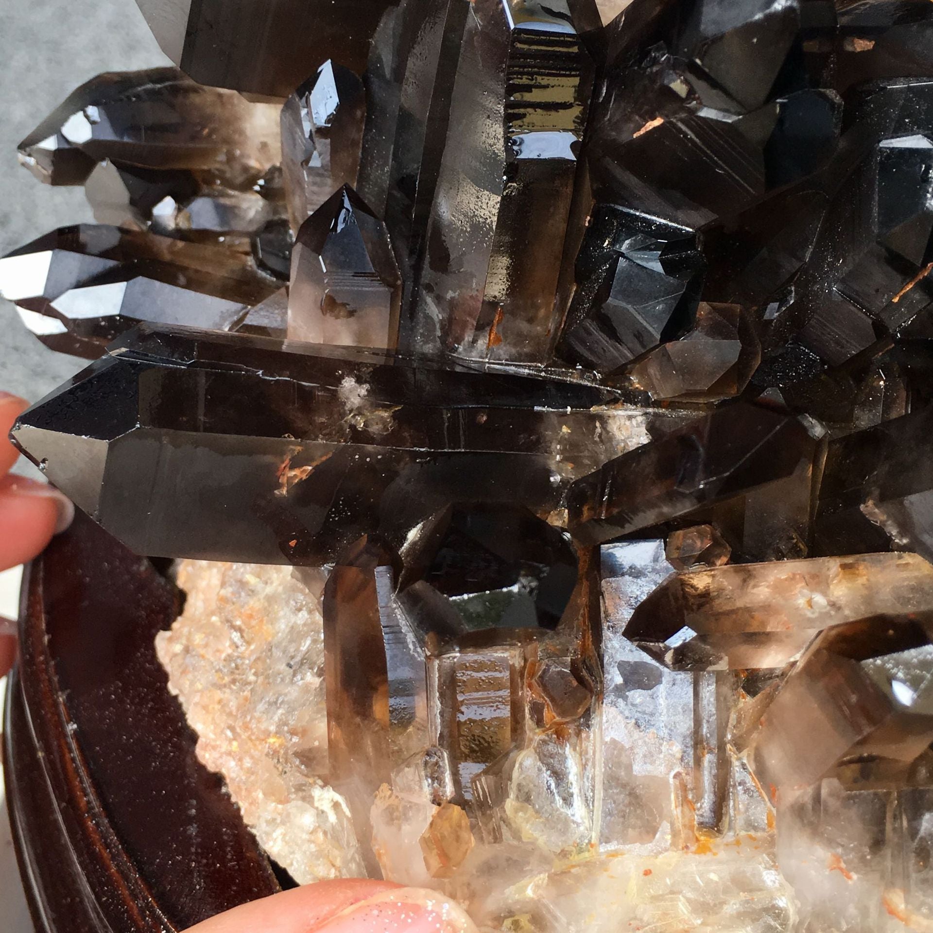 Dark Smoky Black Crystal Cluster Specimen, Polished Hexagonal Prism Display Decor With Wooden Base