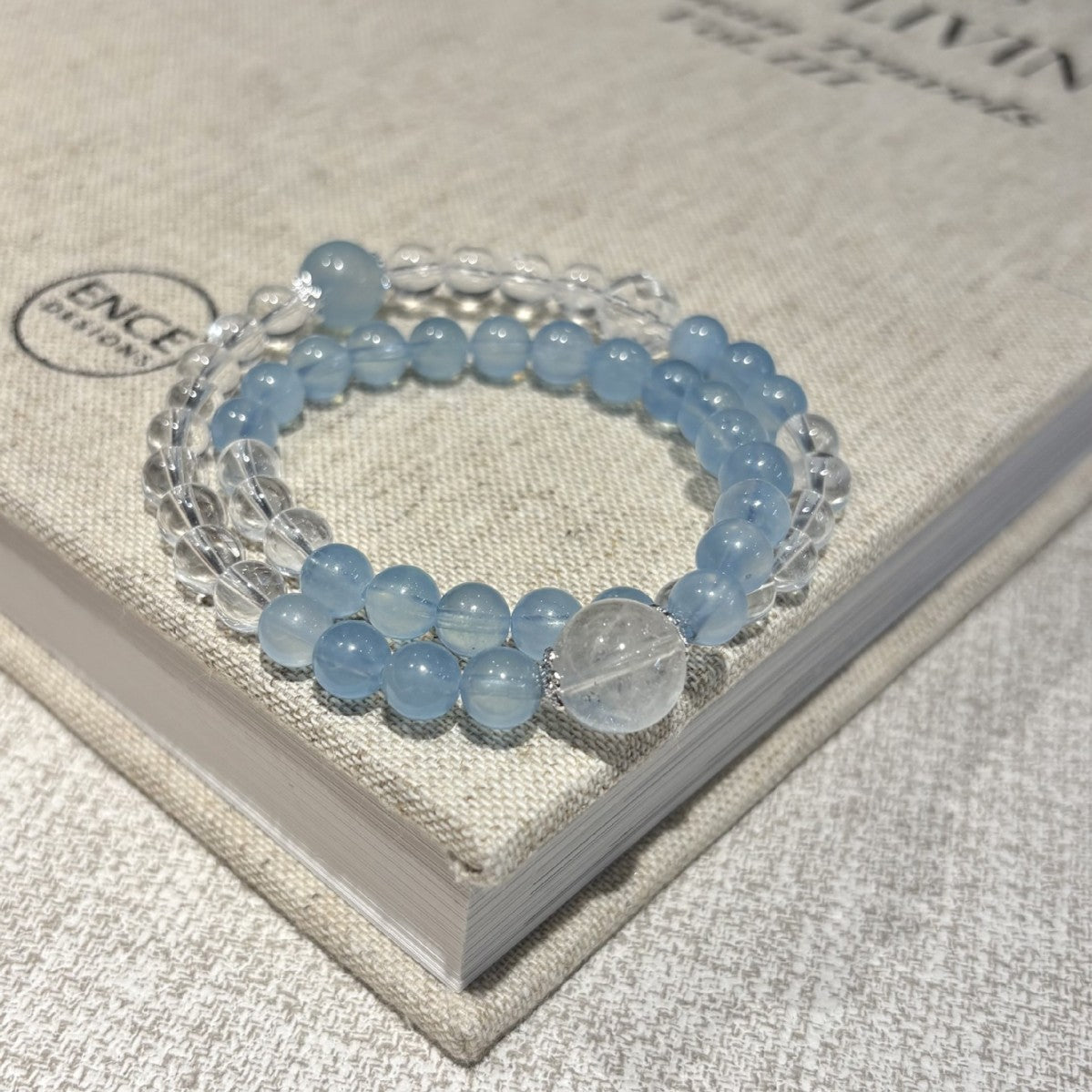 Soft Sky Blue Round Bead Stretch Bracelet, Clear Crystal Focal Bead Mixed Transparent Beaded Bracelet for Women