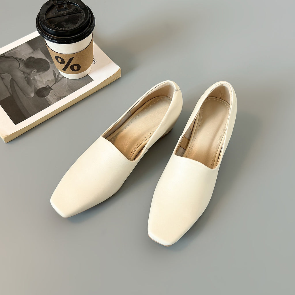Square Toe V‑Cut Wedge Loafer Pumps, Soft Leather Slip‑On Low Wedge Heel Dress Shoes for Women