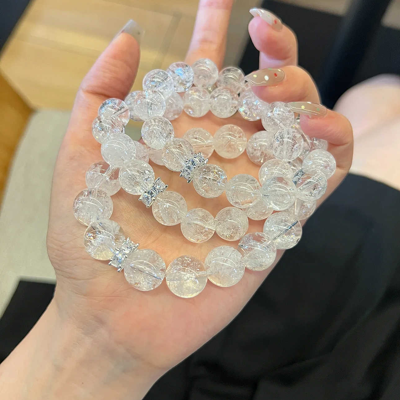 Clear Cracked Crystal Bead Stretch Bracelet, Minimal Transparent Wrist Adornment