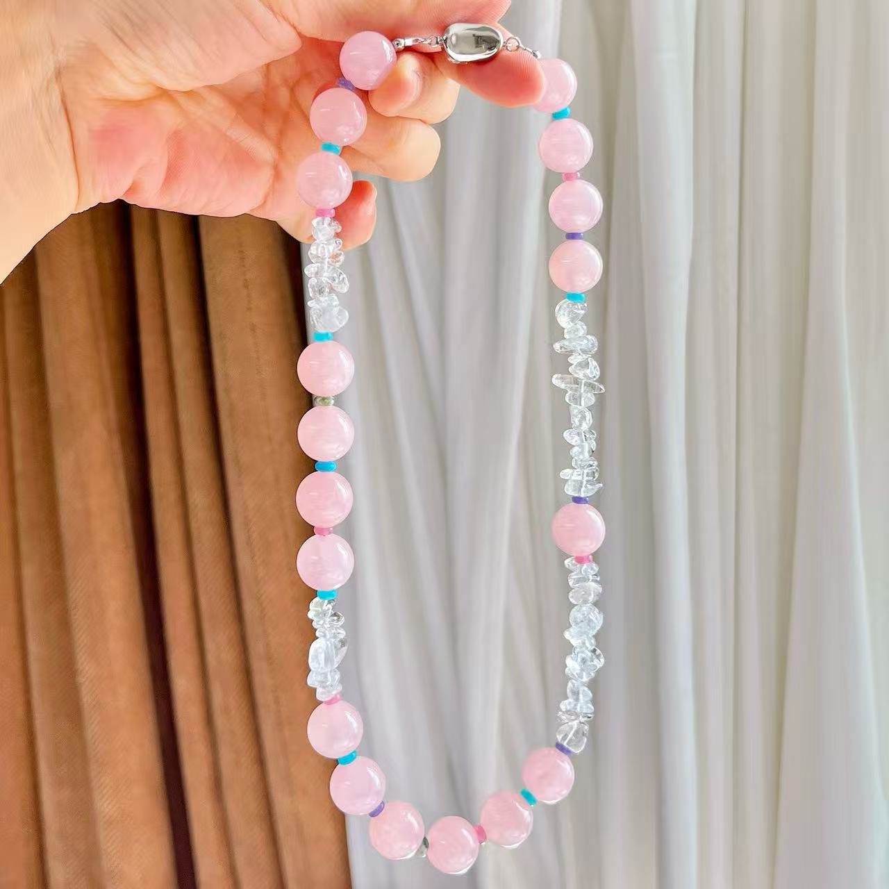 Pastel Pink Round Bead Choker Necklace, Clear Chip Stone Beaded Necklace with Color Spacers for Women