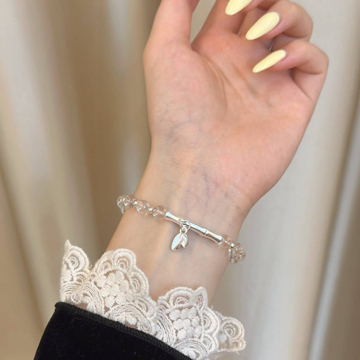 Solid Silver Bamboo Shape Clear Crystal Beaded Stretch Bracelet Leaf Charm Elegant Women Jewelry