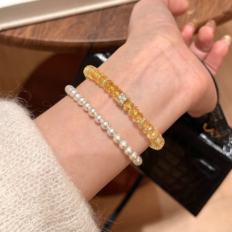 Faceted Wheel‑Cut Yellow Crystal Stretch Bracelet, Pave Crystal Spacer Bead Stackable Wrist Jewelry for Women