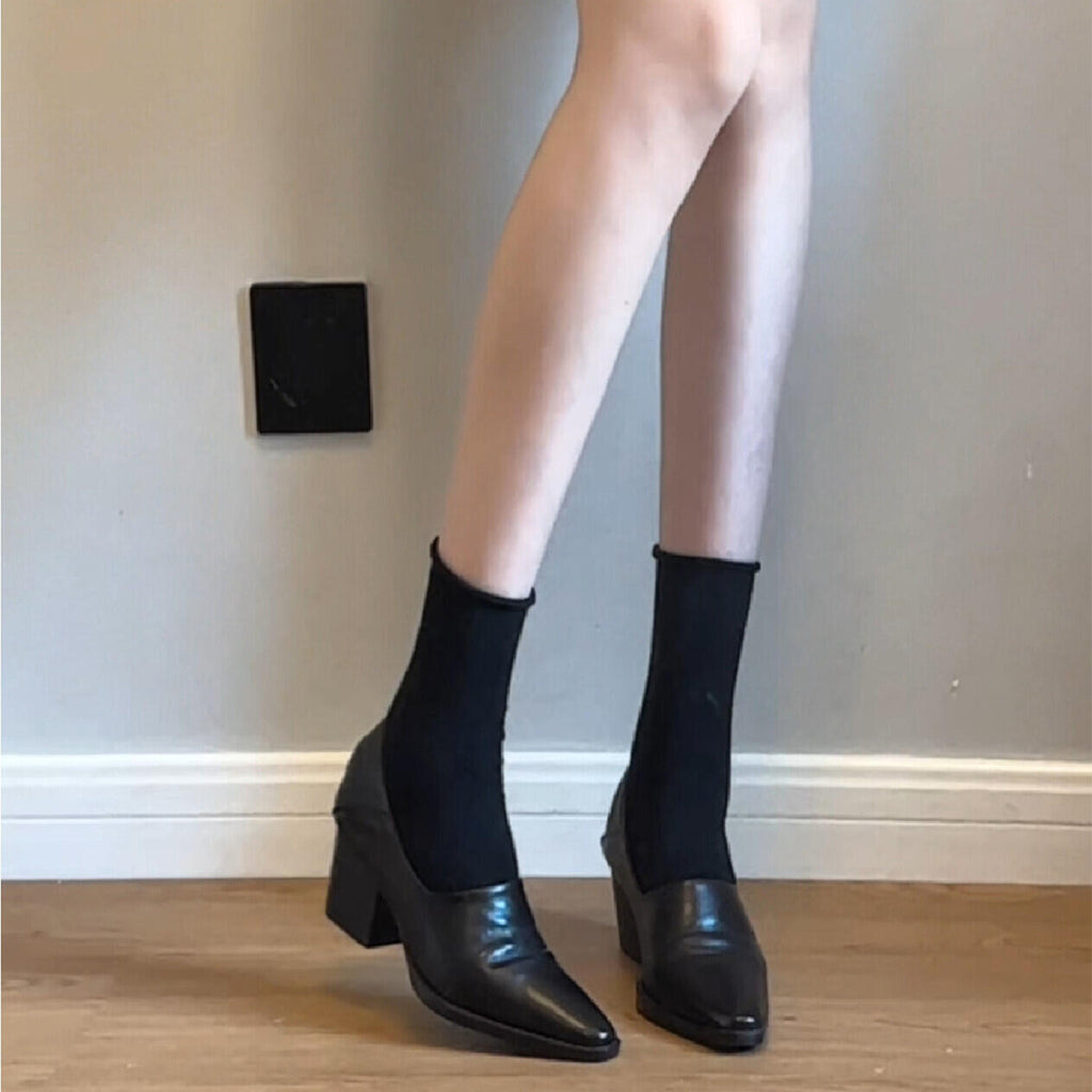 Women's Distressed Faux Leather Pointed Toe Block Heel Pumps, V-Cut Slip On Vintage Chunky Heel Dress Shoes, Black Dark Brown Retro Office Daily Pumps