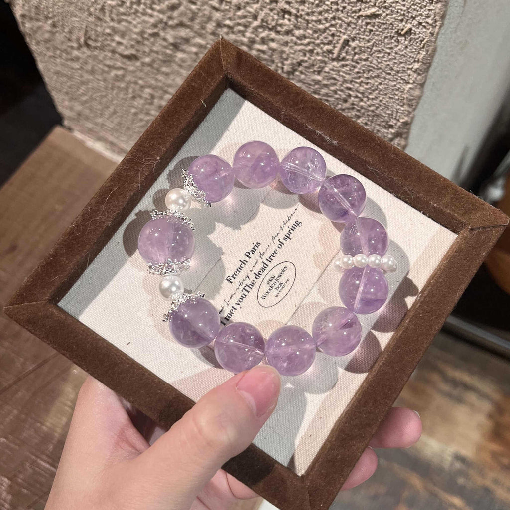Transparent Lavender Purple Round Bead Stretch Bracelet, Imitation Pearl & Silver Spacer Beaded Bracelet for Women