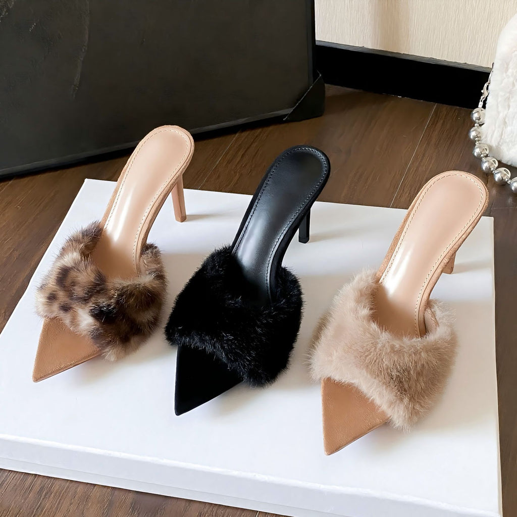 Women's Pointed Toe Faux Fur Stiletto Heel Mule Sandals, Fluffy One Band Slip On High Heel Dress Shoes, Nude Black Leopard Print Party Heels for Ladies