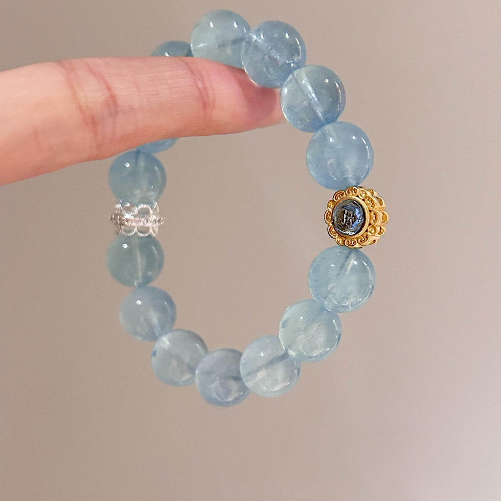 Transparent Light Blue Round Bead Stretch Bracelet, Gold Inlay Bead & Silver Ornament Beaded Bracelet for Women