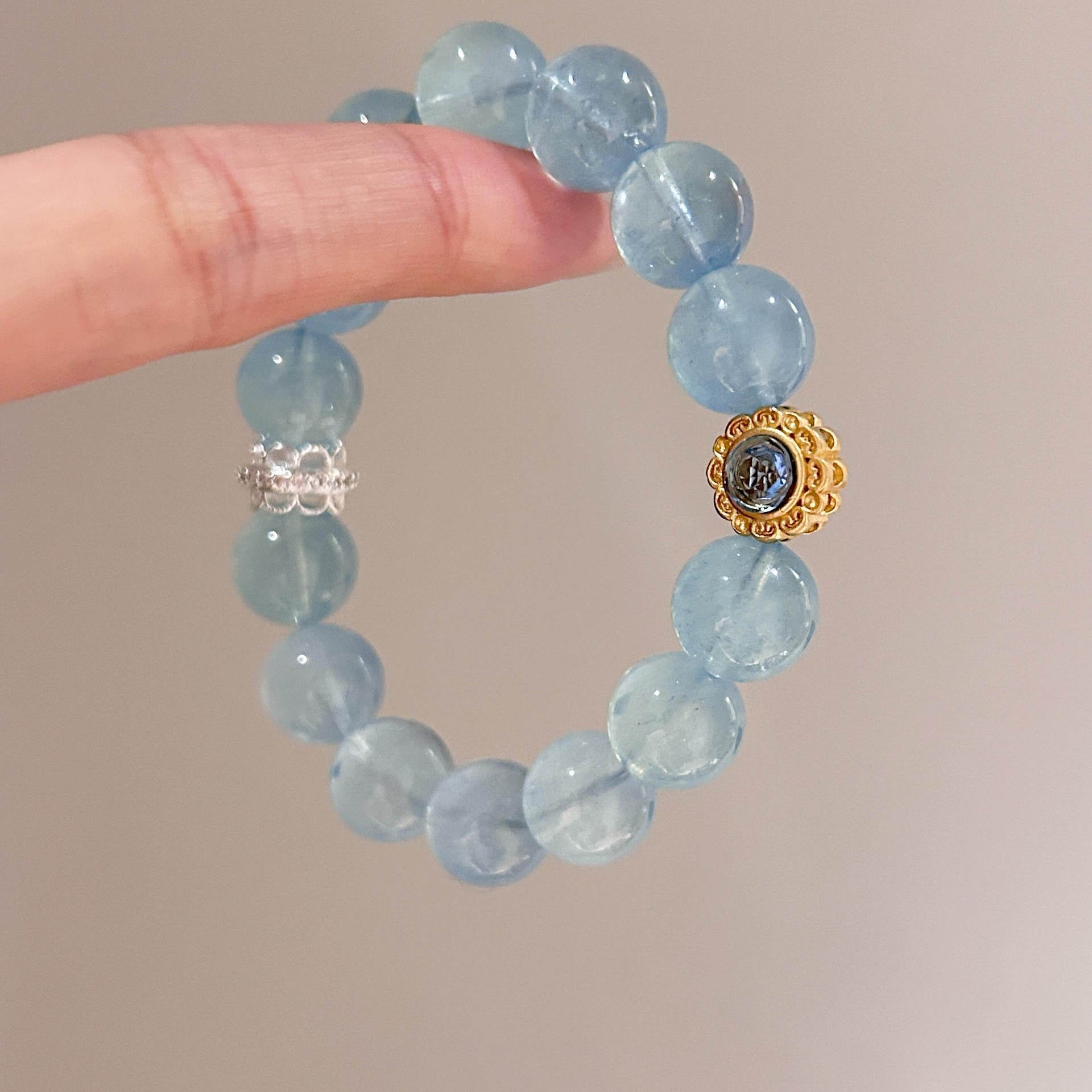 Transparent Light Blue Round Bead Stretch Bracelet, Gold Inlay Bead & Silver Ornament Beaded Bracelet for Women